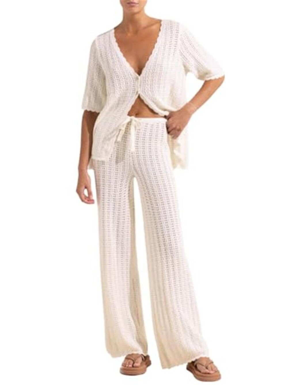 Imily Bela White Crochet Knit Swim Cover Up 2 Piece Cardigan Pants Set